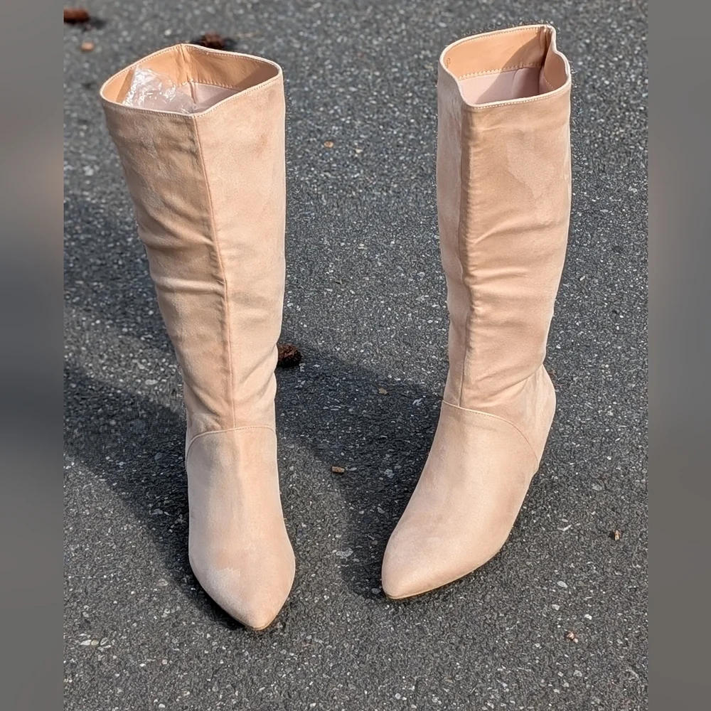 Coutgo Knee High Boots Wide Calf Kitten Heel Pointed Toe Boots Pull On (New) - Picture 9 of 13